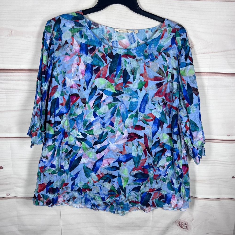 Soft Surroundings Top Women 1X Blue Leaf Print Abstract Gauze 3/4 Sleeve Ruffle
